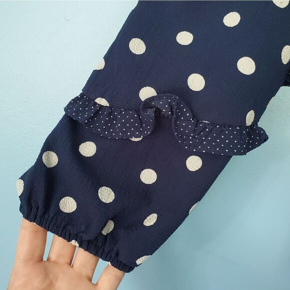 Sweet Wanderer Navy Blue/White Polka-Dot Ruffle Tie String Blouse - Picture 2 of 7
